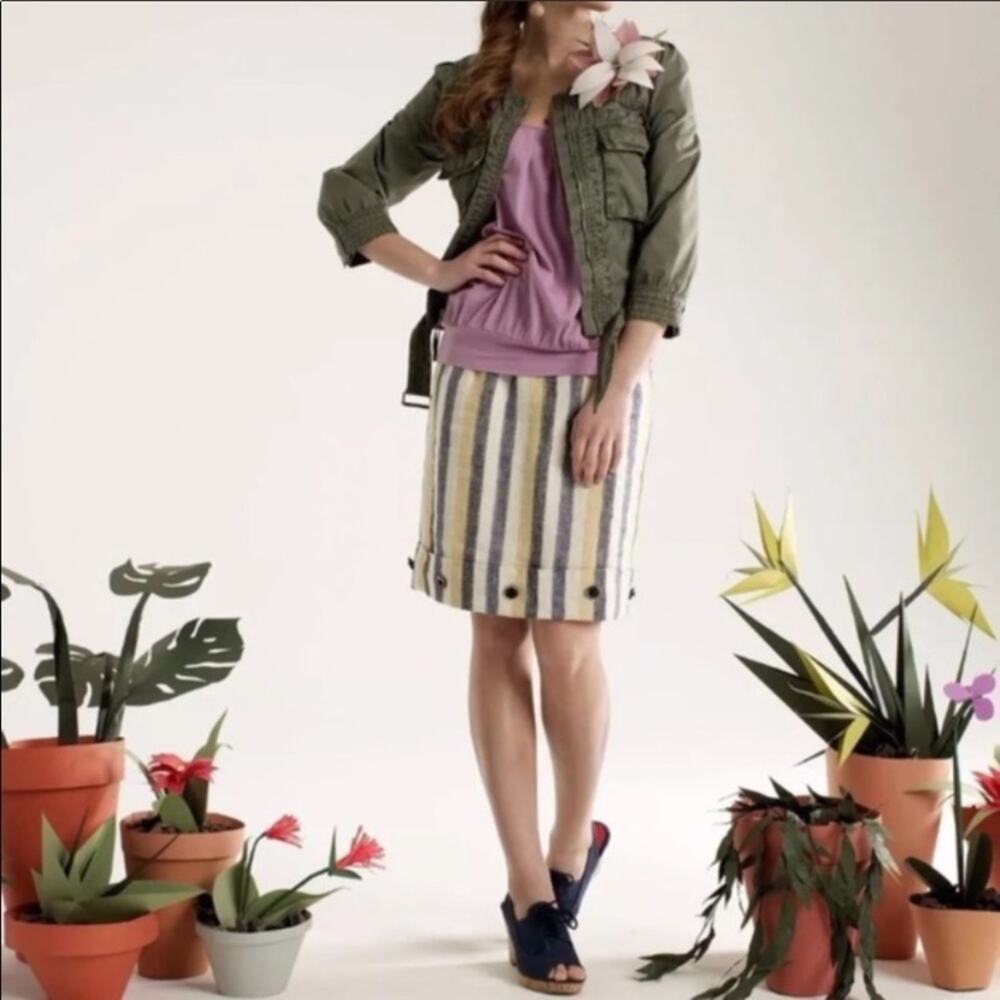 Anthropologie Edme & Eystlle "Cafe Awning" Linen Cream/Navy/Yellow Striped Skirt
